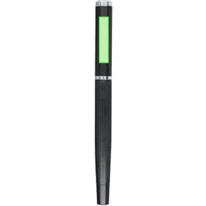 A drink bottle with a sleek black design and a prominent green section, featuring a logo.
