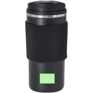 A drink bottle in black with a textured grip, featuring a stainless steel lid and a branding logo.