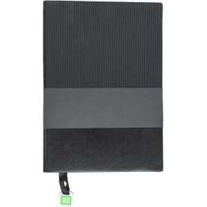 A notebook with a textured black cover and a smooth black band, featuring a green tag at the bottom.