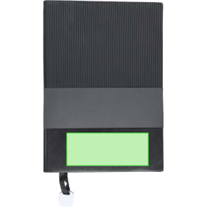 A black thermos with a textured design and a green band, featuring a logo and a tag.