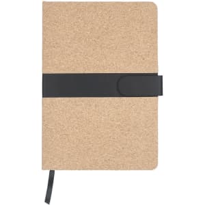 A notepad with a cork cover and a black elastic band, featuring a ribbon bookmark. It has a simple, minimal design.