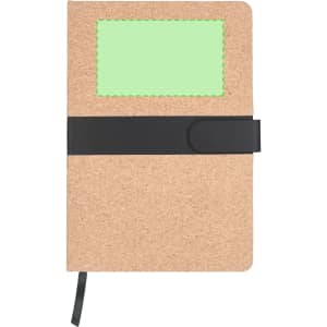 A notepad with a natural brown cover, black elastic band, and a light green patch. It features a logo.