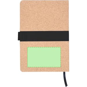 A brown notepad with a black elastic band and a green label area. Features a textured cover and a black ribbon bookmark.