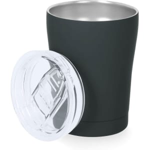 A drink bottle in matte black with a stainless steel interior and a clear, secured lid.