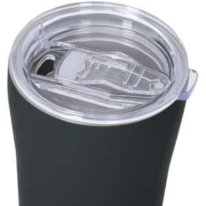 A drink bottle in matte dark grey with a clear lid featuring a straw opening and a secure closing mechanism.