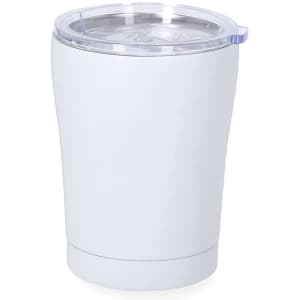 A white insulated travel mug with a clear lid and a sleek design, featuring a logo.