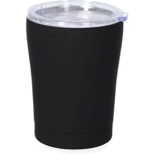 A drink bottle in matte black with a clear lid, featuring a logo on the side. Ideal for travel.