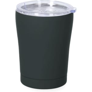 A drink bottle with a matte black finish, featuring a transparent lid and a sleek, insulated design.