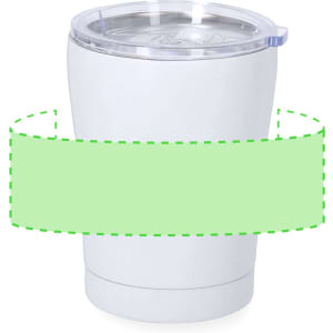 A drink bottle in white with a transparent lid, featuring a logo on the side. Suitable for travel and insulated.