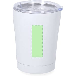 A white insulated cup with a transparent lid, featuring a blank green area and a logo.