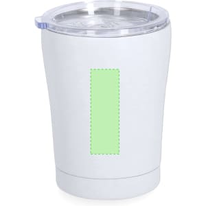 A drink bottle in white with a transparent lid, featuring a green section on the front and a logo.