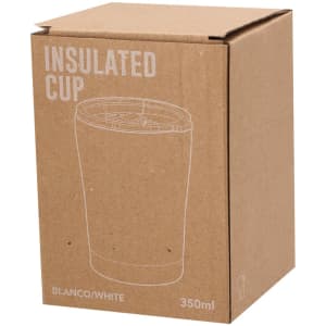 A packaged insulated cup in white, displayed in a cardboard box with simple line drawing.