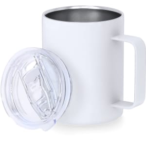 A white insulated travel mug with a stainless steel interior and a clear sliding lid. It has a sturdy handle and branding.