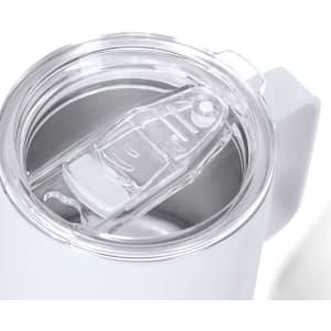 A white insulated travel mug featuring a clear, snap-on lid with a drinking spout and a handle.