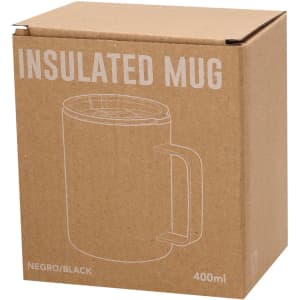 A drink bottle in a brown box, featuring a drawing of a black insulated mug with a handle and lid.