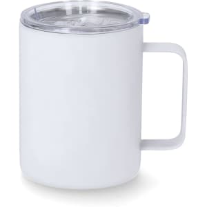 A white insulated travel mug with a clear lid and a handle, featuring a simple design and a logo.