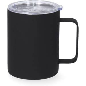 A drink mug in matte black with a clear lid and a sturdy handle, featuring a logo on the side.