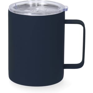 A drink bottle in navy blue with a clear lid and a sturdy handle, featuring a logo. Ideal for travel.