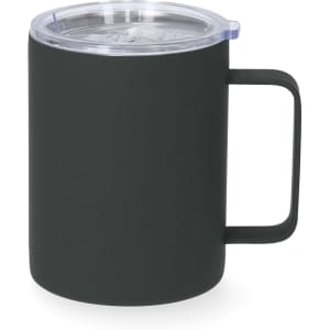 A travel mug in matte black with a clear lid and handle, featuring a logo on the body.