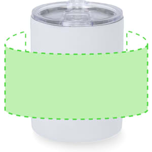 A white insulated travel mug with a clear lid and a branding area around its body.