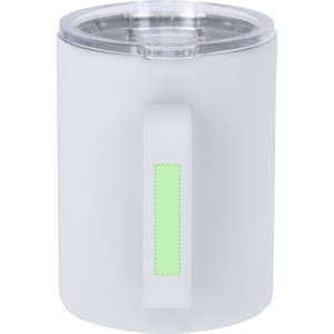 An insulated white travel mug with a clear lid and a handle, featuring a green accent area.