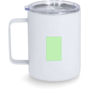 An insulated travel mug in white with a clear lid and a handle, featuring a blank area for branding.