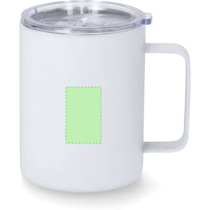 A white insulated travel mug with a clear lid and a handle, featuring a blank area for customisation.
