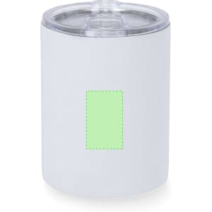 A white insulated travel mug with a clear lid and a blank area for branding.