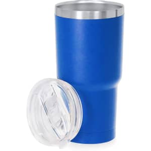 A blue insulated travel mug with a stainless steel interior and a clear lid. It features a logo on the side.