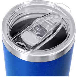 A drink bottle with a stainless steel base and a blue exterior, featuring a clear plastic lid with a slider opening.