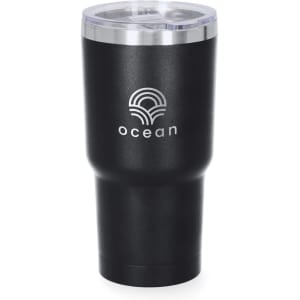 A drink bottle in matte black with a clear lid and a logo on the front, designed for insulation.
