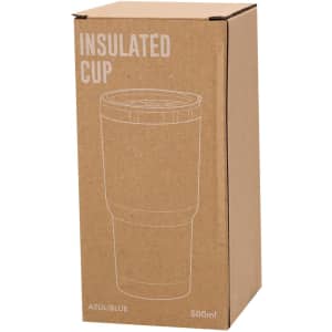 A drink bottle in a cardboard box, featuring an insulated cup design in blue, with a logo present.