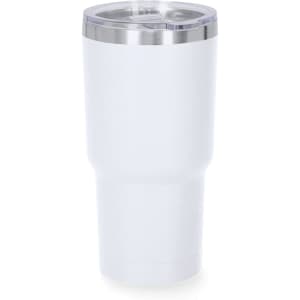 A white insulated travel mug with a stainless steel rim and a clear lid, featuring a logo.
