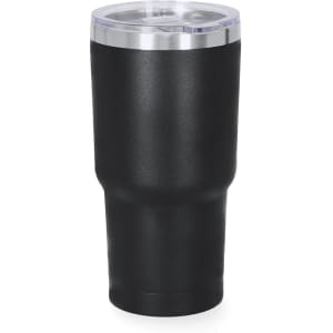 A drink bottle in matte black with a silver lid and transparent top, featuring a logo.