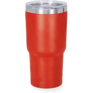 A red insulated travel mug with a silver lid and a logo on the front.
