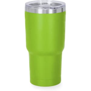 A green insulated travel mug with a silver lid and a logo on the side.