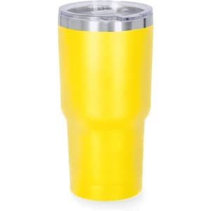 A yellow insulated travel mug with a clear lid and metallic rim, featuring a logo.