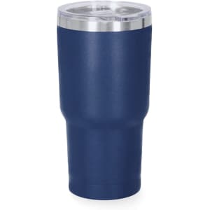 A drink bottle in navy blue with a silver lid and a built-in straw, featuring a logo.