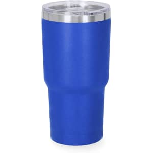 A blue insulated travel mug with a stainless steel lid and a sleek design. Features branding on the surface.