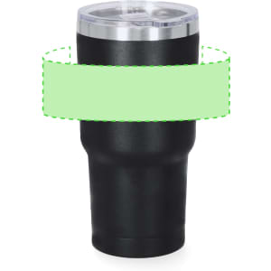 A black insulated travel mug with a silver lid and a plain section for branding.