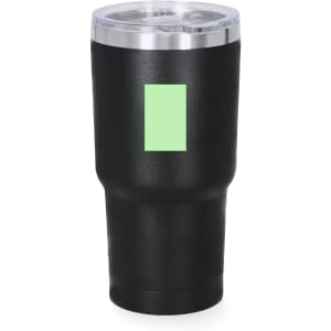 A drink bottle featuring a black insulated body with a transparent lid and a green rectangular area.