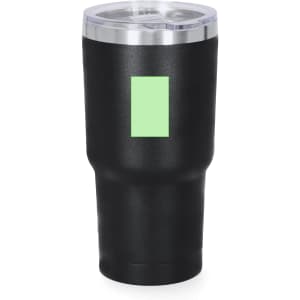 A drink bottle featuring a black body with a clear lid, designed for travel, and displaying a logo.