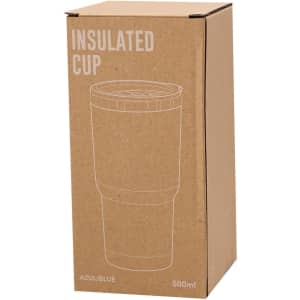 A drink bottle in blue packaging, featuring a cup design and a logo, labelled as an insulated cup.