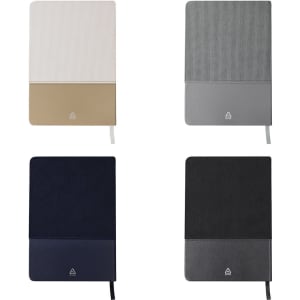 Four Mitek Notepads in various colours: cream, grey, navy, and black, each with a logo and a ribbon bookmark.