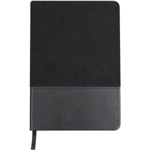 A black notepad with a textured cover and a smooth bottom section, featuring a ribbon placeholder and a logo.