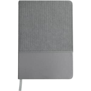 A grey notepad with a textured cover, featuring a smooth lower section and a ribbon bookmark.