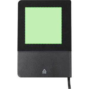 A black notepad with a textured cover, featuring a green square cutout and a ribbon bookmark. Designed for office use.
