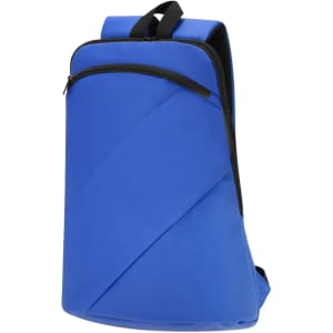 A blue backpack with a sleek design and a black zip, featuring a logo on the exterior.