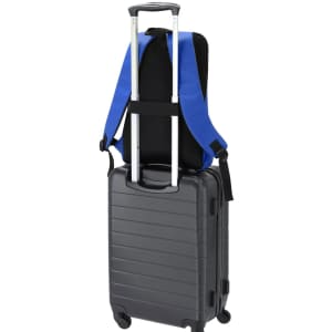 A black suitcase with a blue backpack attached, featuring adjustable straps and wheels.