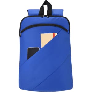 A blue Gambul Backpack with a zippered pocket, featuring a notebook and a phone in the front compartment.
